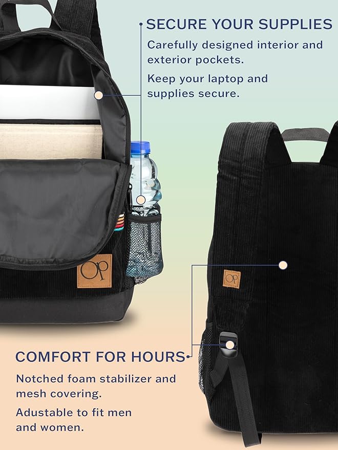 Ocean Pacific OG Corduroy Backpack for Travel, Sports, Beach, Work, Casual Daypack for Men Women Fits 15.6 Inch Laptop (Black)
