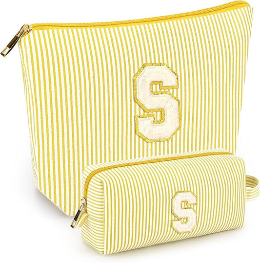 2 PCS Initial Makeup Bags for Women: Cosmetic Bag for Travel Toiletry - Birthday Gifts for 11 12 13 14 15 16 17 18 Years Old Girl Graduation Teacher Gift- Teen Girl Gifts Trendy Stuff - Yellow S