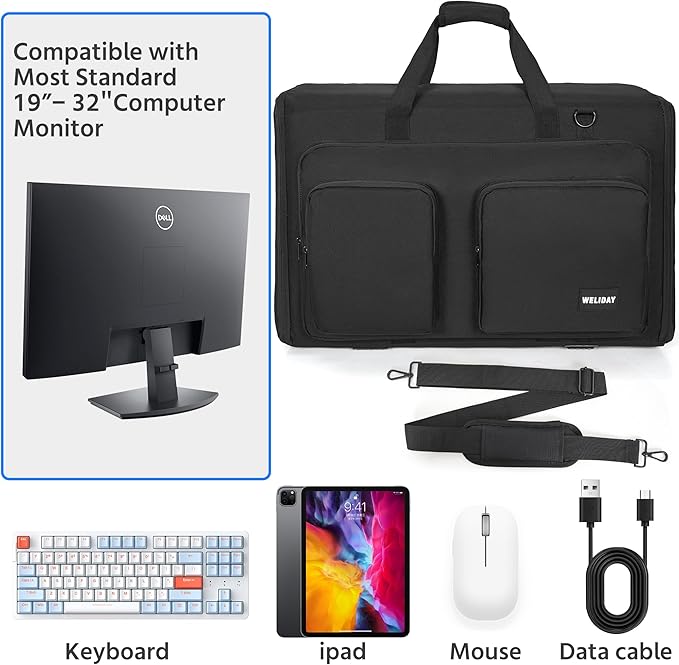 Monitor Carrying Case, Padded Monitor Travel Case, Multi-pocket Monitor Bag for Transporting Screens, Monitors and TVs