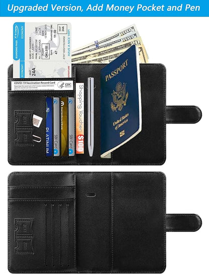 Passport Holder With Luggage Tag Cover Wallet RFID Blocking Leather Case Travel Essentials Accessories Travel Must Have(114#Black)
