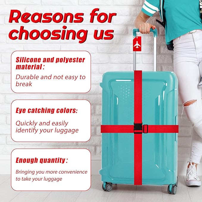Weewooday 8 Pcs Luggage Straps Suitcase Tags Set for TSA Approved, 4 Travel Adjustable Suitcase Belt, 4 Silicone Luggage Tags with Name ID Card Travel Accessories(Red,Airplane)