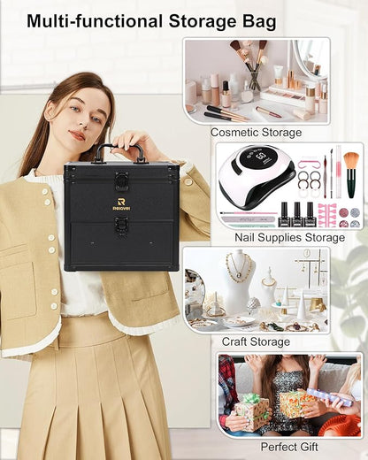 Relavel Makeup Bag with LED Mirror, Dual Layer Cosmetic Train Case with Light up Mirror Large Travel Makeup Artist Organizer Bag for Women with Adjustable Dividers & Nail Polish Organizer, Black