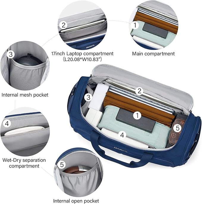 Hanke Carry On luggage Bags for Travel, Large Foldable Duffle Bag for Travel, Softside Lightweight Travel Bag Carry On Bags for Airplanes Women, Travel Tote Bags for Women Men.（Blue）