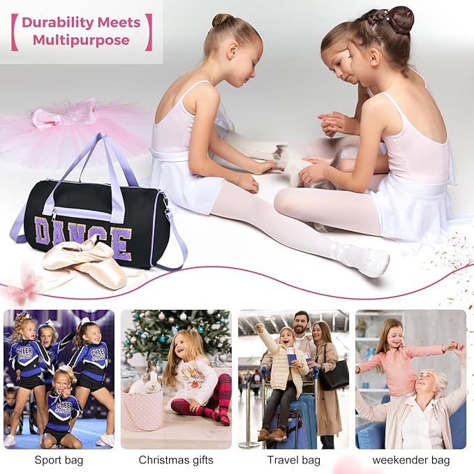 Dance Bag for Girls, KUIRAN 23L Waterproof Travel Duffel Bag with Colorful Chenille Letter, Lightweight Small Gym Sport Ballet Bag with Large Main Compartment 15"Lx9"Wx9"H - Light Pink