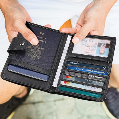 Polare Luxury RFID Blocking Leather Passport Holder Travel Wallet For Men and Women (Black with AirTag Slot(Snap Version))
