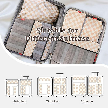 U+U 8 Set Compression Packing Cubes - Ultralight Travel Organizers with Laundry Bag and Cosmetic Bag, Space-Saving Suitcase Organizer for Travel, Business Trip and Family Vacation (Khaki Checkered)