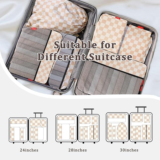 U+U 10 Set Compression Packing Cubes - Ultralight Travel Organizers with Laundry Bag and Cosmetic Bag, Space-Saving Suitcase Organizer for Travel, Business Trip and Family Vacation (Khaki Checkered)