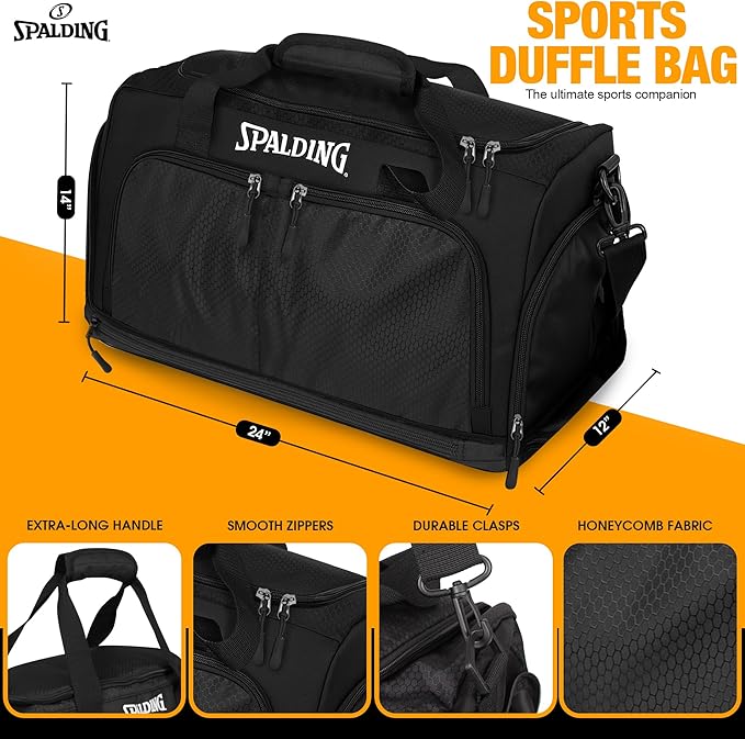 Spalding Duffle Bag Gym Bag for Men and Women | Large Black Duffel with Shoe and Wet Compartment | Use for Sport Gear and Accessories | Waterproof Bags for Sports Fitness Workout Travel