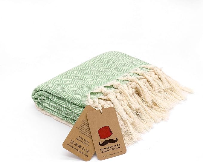 Bazaar Anatolia Turkish Beach Towel – 100% Cotton, Quick Dry, Sand Free Towel for Bathroom, Camping, Travel, Sage Olive – Oversized 71x39 Inches – Diamond Green