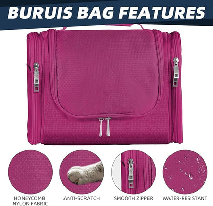 Buruis Large Capacity Waterproof Toiletry Bag for Women, Hanging Toiletry Organizer, 11"x 6.2"x 8.8", Fushcia