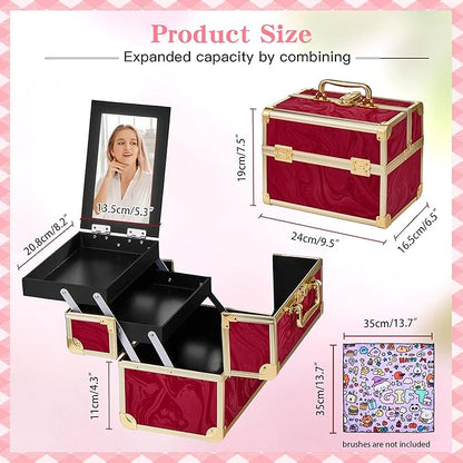 Makeup Train Case, Portable Makeup Case with Mirror, 2-Trays Cosmetic Organizer Case,Nail Polish Organizer, Travel Makeup Box, Profesional for Salon Barber, Pattern Red