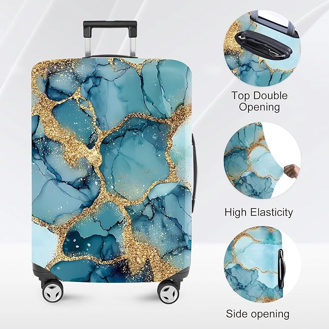 FOREVER QUEEN Luxury Light Blue Gold Marble Luggage Cover Suitcase Protector Suitcase Cover Anti-Scratch,Stretchable Bag Cover Washable Durable Polyester