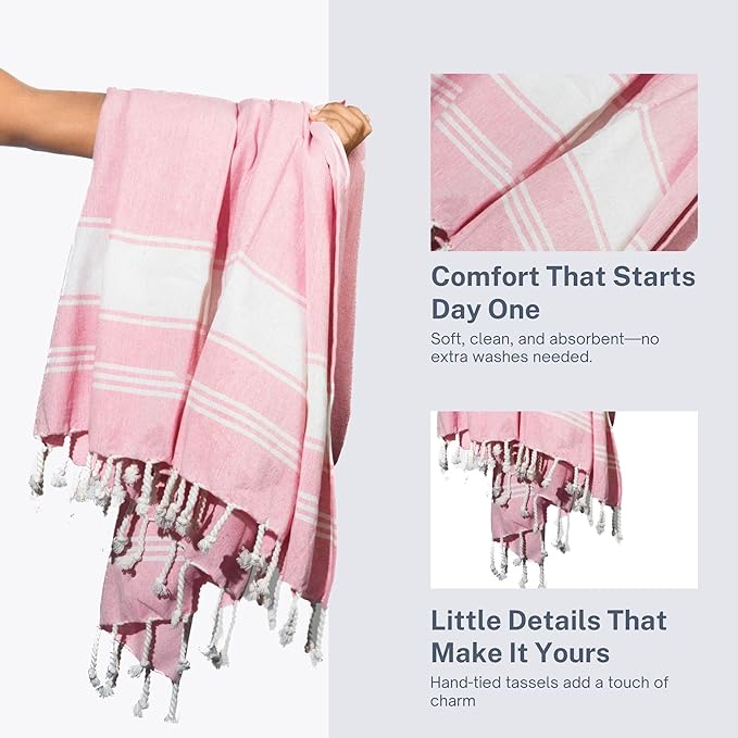 Cotton Turkish Beach Towel Towels Oversized 36"x72" Pool Absorbent Extra Large Quick Dry Sand Travel Towel (Pink, 2 Pack)