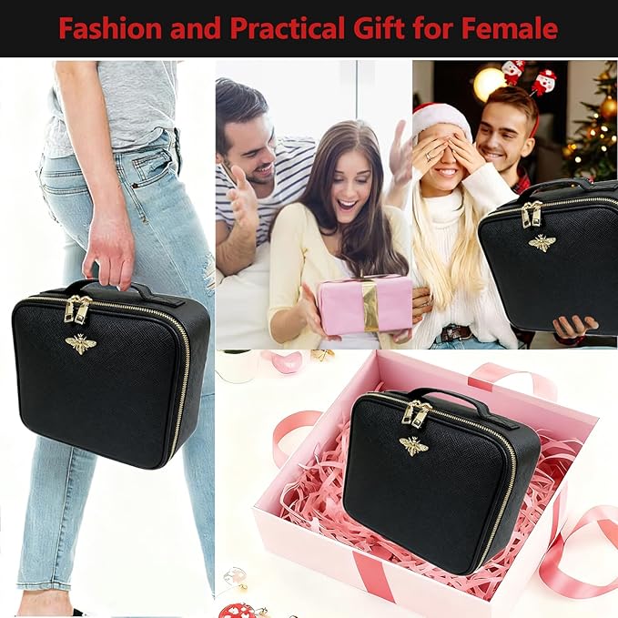 Travel Makeup Bag with Light Up Mirror, Portable Makeup Bag with Led Light Women Waterproof Makeup Travel Case adjustable dividers Rechargeable Vanity Mirror with 3 Color Lights (NO Shoulder Strap)