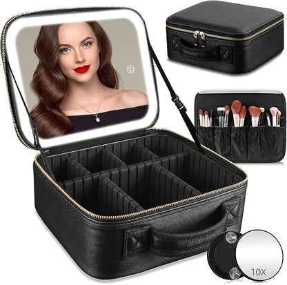 Travel Makeup Bag with Mirror of LED Lighted, Makeup Train Case with Adjustable Dividers, Makeup Case with Mirror and Detachable 10x Magnifying Mirror