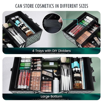 FRENESSA Makeup Case Makeup Box Cosmetic Train Cases Portable Make Up Artist Travel Case Storage Box 4 Trays with Dividers Lockable Hard Makeup Box Craft Nail Kits Case Drak Green