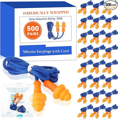 500 Pairs Corded Ear Plugs Bulk 25dB NRR Reusable Silicone Ear Plug with String Individually Wrapped Earplugs for Sleeping Noise Reduction Hearing Protection Shooting Construction Work
