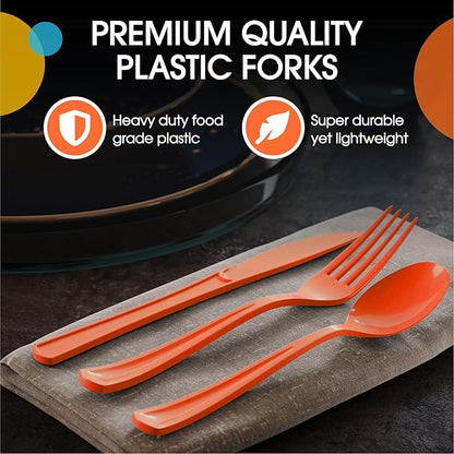 Orange Plastic Silverware Heavy Duty 300 Pieces Orange Disposable Silverware Heavy Duty, Utensil Sets, 100 Of Each Forks, Knives & Spoons Disposable Cutlery Set For Party Supplies
