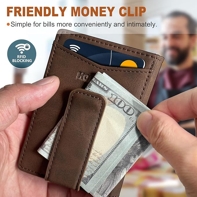 Magnetic Closure Slim Wallet with Money Clip Gift Boxed,Genuine Leather Front Pocket Wallet for Men, 3.9"x 2.11", RFID Blocking