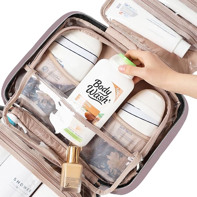 NISHEL Travel Toiletry Bag for women, Portable Hanging Organizer for Family-Sized Shampoo, Conditioner, Brushes Set, Makeup Accessories, Extra Large Size, Peach Pink