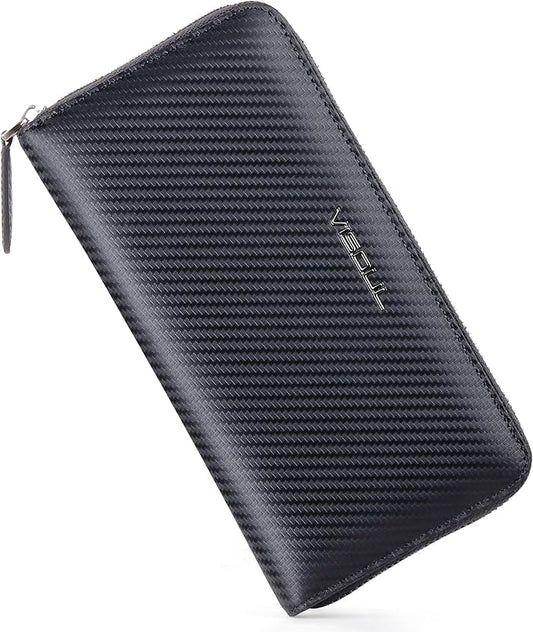 VISOUL Leather Long Zipper Pouch Wallet for Men and Women with RFID Blocking, Large Clutch Cash Long Wallet with Zipper (Carbon Fiber, Green)