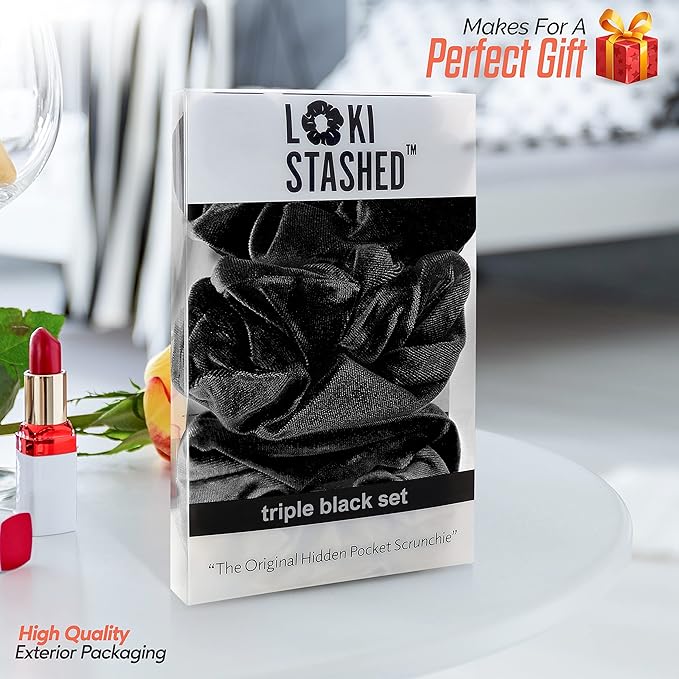 3-PACK Velvet Hair Tie Scrunchies for VSCO Girls & Women, THE ORIGINAL HIDDEN POCKET SCRUNCHIE with Zipper Pocket Storage, Accessories, Small Items, Keys, Money (Triple Black Set)