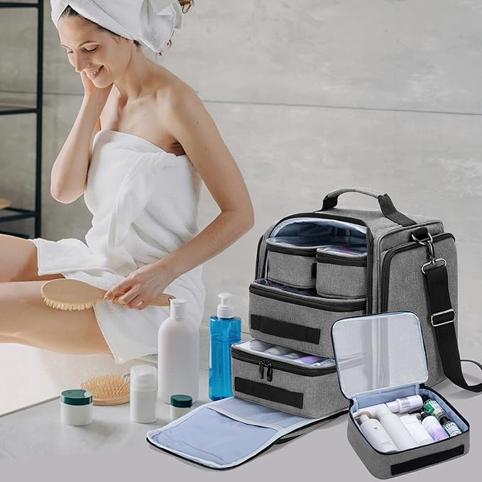 BAFASO Large Travel Toiletry Bag with 4 Removable Pouches, Multifunctional Makeup Bag Hair Bag for Toiletry and Makeup Supplies, Gray