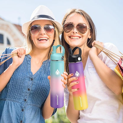 SENDESTAR Water Bottle 32oz Double Wall Vacuum Insulated Leak Proof Stainless Steel Sports Water Bottle—Wide Mouth with New Flex Straw Lid & Spout Lid (Bubble Gum)