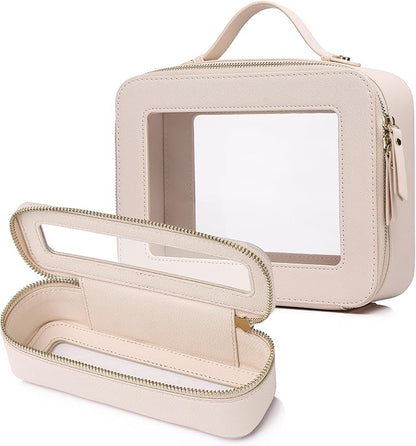 Pinkmik Clear Makeup Bag with Brush Bag Portable Cosmetic Bag Case Travel Toiletry Bag Car Essential for Women (Beige, L+SLIM)