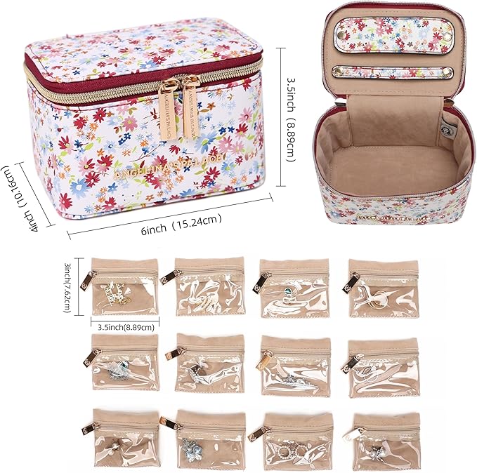 Angelina's Palace Jewelry Organizer Case Bridesmaid Gifts Travel Bag Vegan Leather Box for Necklace Earring Bracelet Ring(blossom wine)