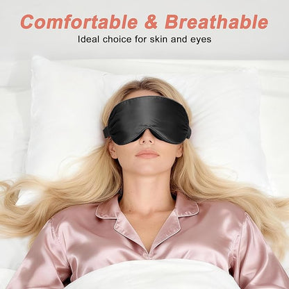 VOCOSTE 22 Momme Pure Silk Sleep Mask with Travel Pouch, 3D Contour Adjustable Blindfold for Side Sleepers, Eye Mask Locks Light for Sleeping, Black