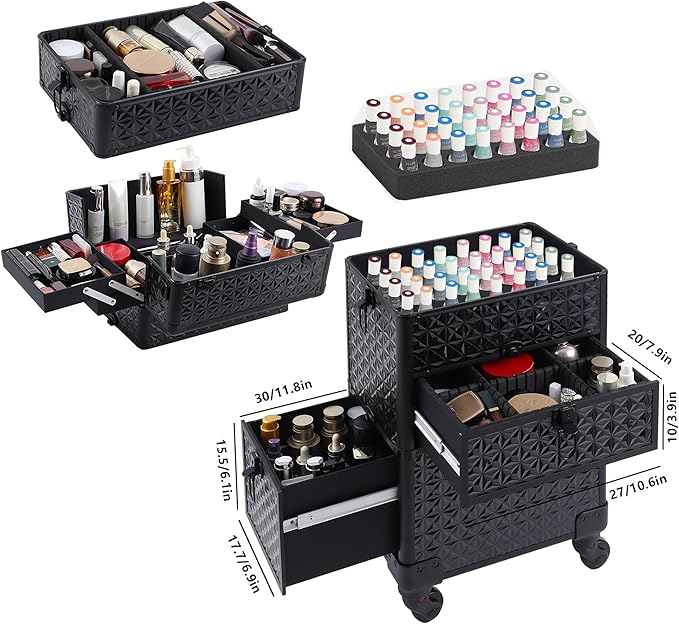 Makeup Train Case with Drawer, Rolling Makeup Case, Cosmetology Case on Wheels, Gift, Large Makeup Case Organizers, Professional for Salon Barber, Nail, Tattoo, Black