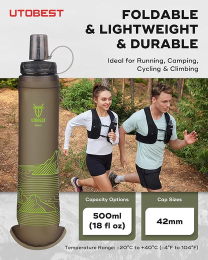 500ml Soft Flask, 2 Pack Flexible TPU Hydration Water Bottle, Collapsible with 42mm Caliber for Running, Hiking, Cycling, Climbing, and Marathon Green