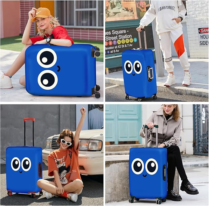 ANNA QUEEN Cute Smiley Face Luggage Cover, Blue Cartoon Suitcase Protector with Big Eyes Design, Stretchable, Washable Travel Cover for 32-34 Inch Luggage