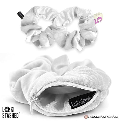 3-PACK Velvet Hair Tie Scrunchies for VSCO Girls & Women, THE ORIGINAL HIDDEN POCKET SCRUNCHIE with Zipper Pocket Storage, Accessories, Small Items, Keys, Money - Triple White Set