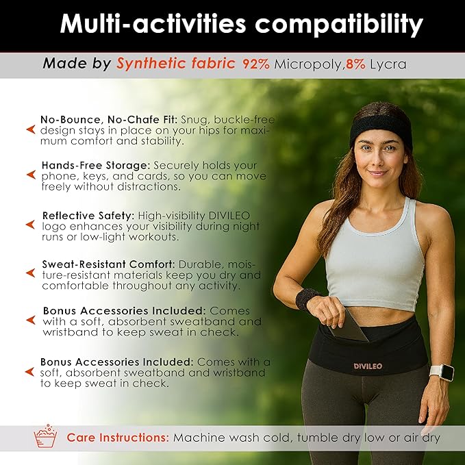 Reflective Running Belt Set – Sweat-Resistant Fanny Pack for Women & Men with Sweatband & Wristband – Phone Holder Waist Pouch for Gym, Travel, Marathon – S/M/L Sizes (Black, Small)