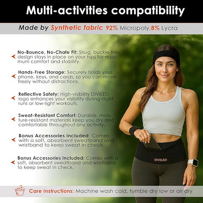 Reflective Running Belt Set – Sweat-Resistant Fanny Pack for Women & Men with Sweatband & Wristband – Phone Holder Waist Pouch for Gym, Travel, Marathon – S/M/L Sizes (Black, Medium)