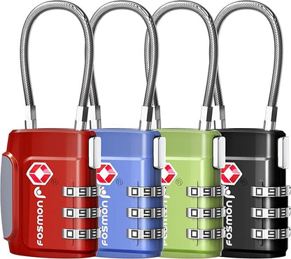 Fosmon TSA Approved Luggage Locks, Cable Suitcase Travel Lock, 3 Digit Long Shackle Combination Padlock, Wire Lock for Gym Locker, Backpack Anti Theft