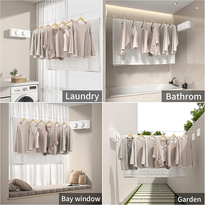 Retractable Clothesline Heavy Duty Clothes Drying Laundry Line Wall Mounted Easy Hanging Clothes Drying Laundry Line Retracting Hanging Lock to Prevent Sagging (Two line,White)