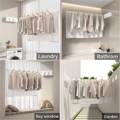 Retractable Clothesline Heavy Duty Clothes Drying Laundry Line Wall Mounted Easy Hanging Clothes Drying Laundry Line Retracting Hanging Lock to Prevent Sagging (Two line,White)