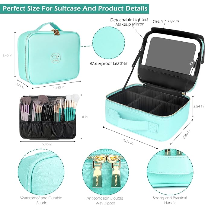 MOMIRA Travel Makeup Bag Cosmetic Bag Makeup Organizer Bag with Lighted Mirror, Adjustable Brightness in 3 Color Scenarios, Waterproof Makeup Train Case, Gift for Women - Aqua Blue