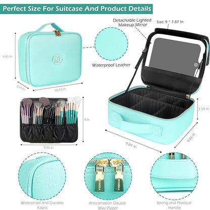 MOMIRA Travel Makeup Bag Cosmetic Bag Makeup Organizer Bag with Lighted Mirror, Adjustable Brightness in 3 Color Scenarios, Waterproof Makeup Train Case, Gift for Women - Aqua Blue