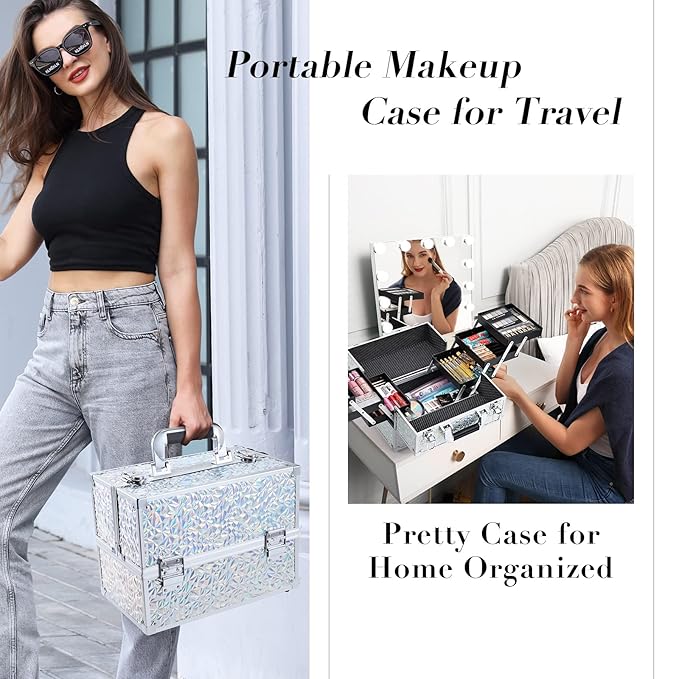 FRENESSA Makeup Case Cosmetic Train Case Organizer 11.8 Inch Large Makeup Box Travel Storage Make Up Train Carrying Case with 6 Trays Locking Hard Vanity Storage Glitter Silver