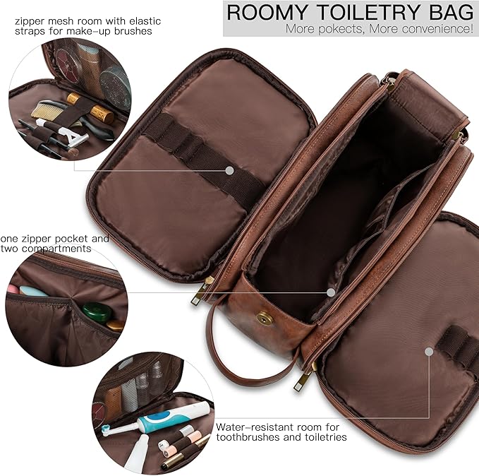 Elviros Travel Toiletry Bag Gift for Men，Mens Toiletries Bag Gifts Set Shaving Dopp Kit Water-resistant Bathroom Toiletries Organizer PU Leather Cosmetic Bags 2 Pack