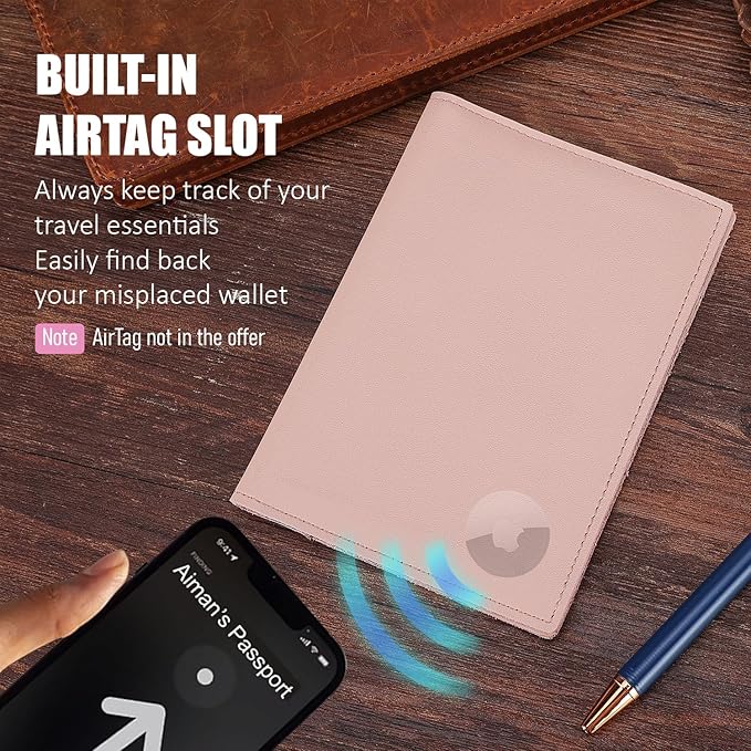 STAR VISTA Albatross Leather Travel Passport Holder, Minimalist Design, Calfskin Leather Case for Women and Men - Slim Passport Wallet, Bifold, RFID Blocking, with AirTag Holder, Pale Pink
