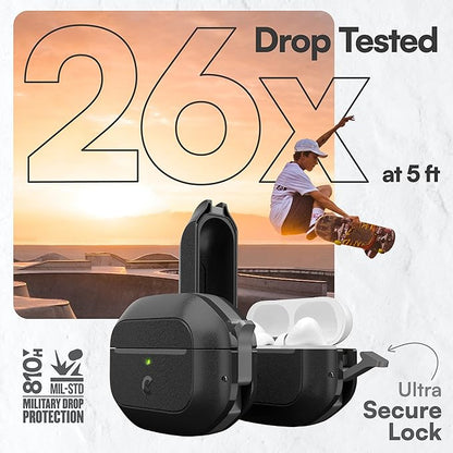 Keybudz for AirPods Pro 2 Case with Lock - Fully Waterproof AirPods Pro 2nd Generation Case Cover - Keychain, Rugged Tough Protection, Hard Shell and Carabiner for USB-C/Lightning (Carbon Black)