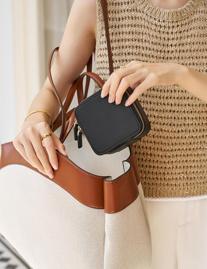 Popvibe Travel Jewelry Box Organizer Small Jewelry Case with 6 Jewelry Bags Mini Pouch, Portable Traveling Jewelry Case for Women, Black Leather Compact Jewelry Travel Necklace Case Holder