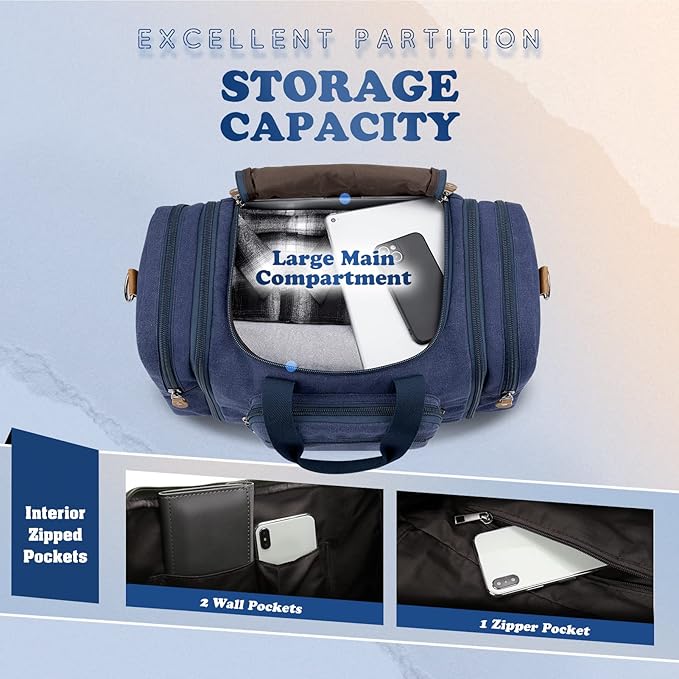 Gonex Canvas Duffle Bag for Travel 50L Expandable Duffel Weekend Overnight Bag men (Blue)