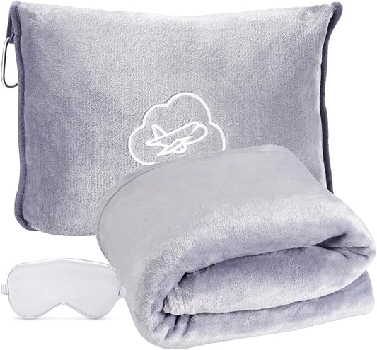 Travel Blanket, Ultra-Soft, Warm & Lightweight Travel Blanket Airplane with Bag, 65x40 in, Airplane Travel Essentials for Women, Men & Kids, Included Eye Mask, Luggage Sleeve & Backpack Clip