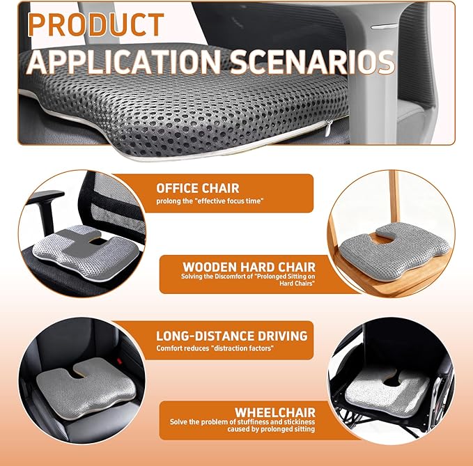 Gooo&Ma Ergonomic Seat Cushion with Air Fiber Core, Office Chair Cushion with Washable Cover & Non-Slip Base for Pressure Relief, Comfort for Long Sitting, Driving, Gaming (Gray)